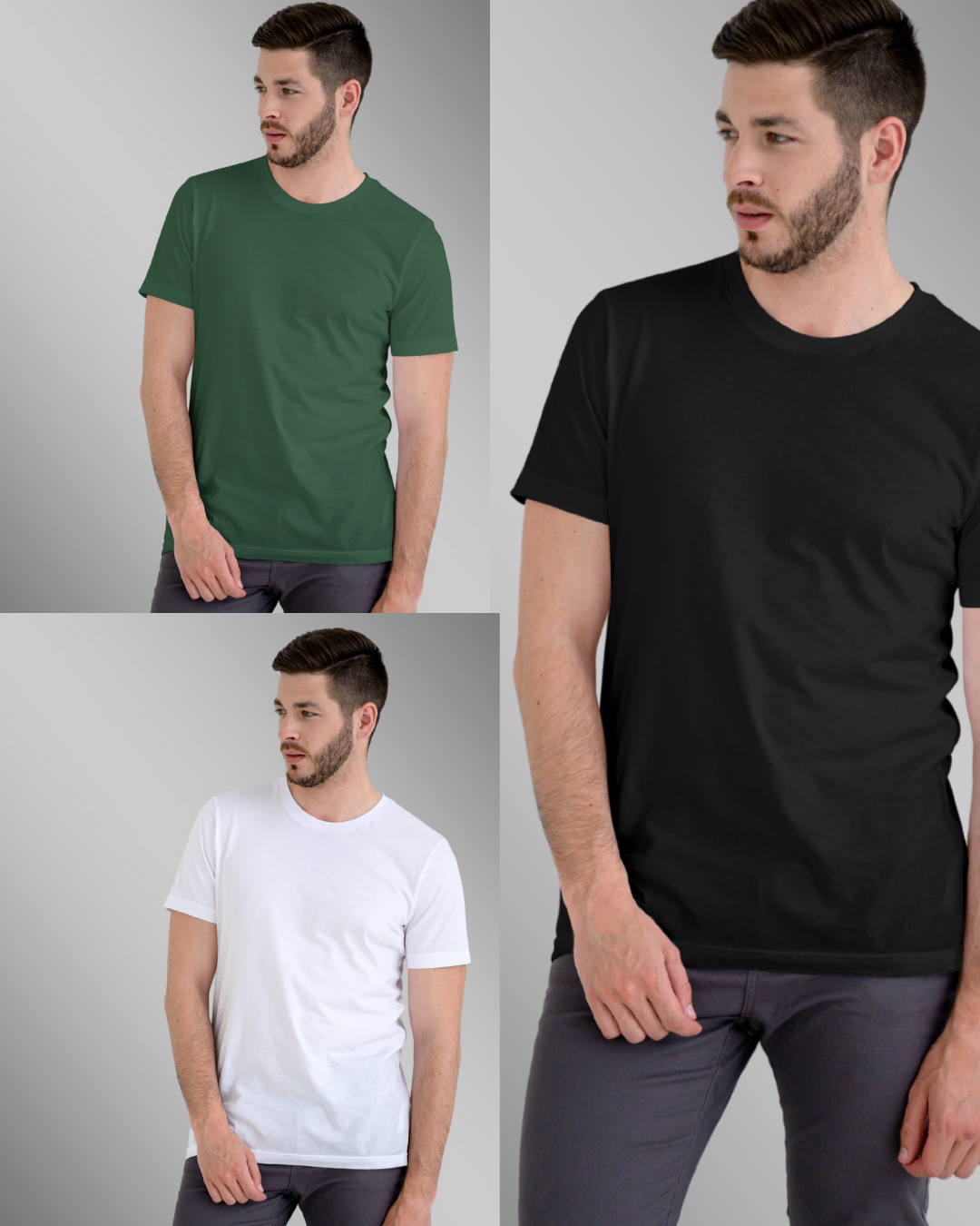 Pack of 3 Plain Tees - Black | White | Bottle Green