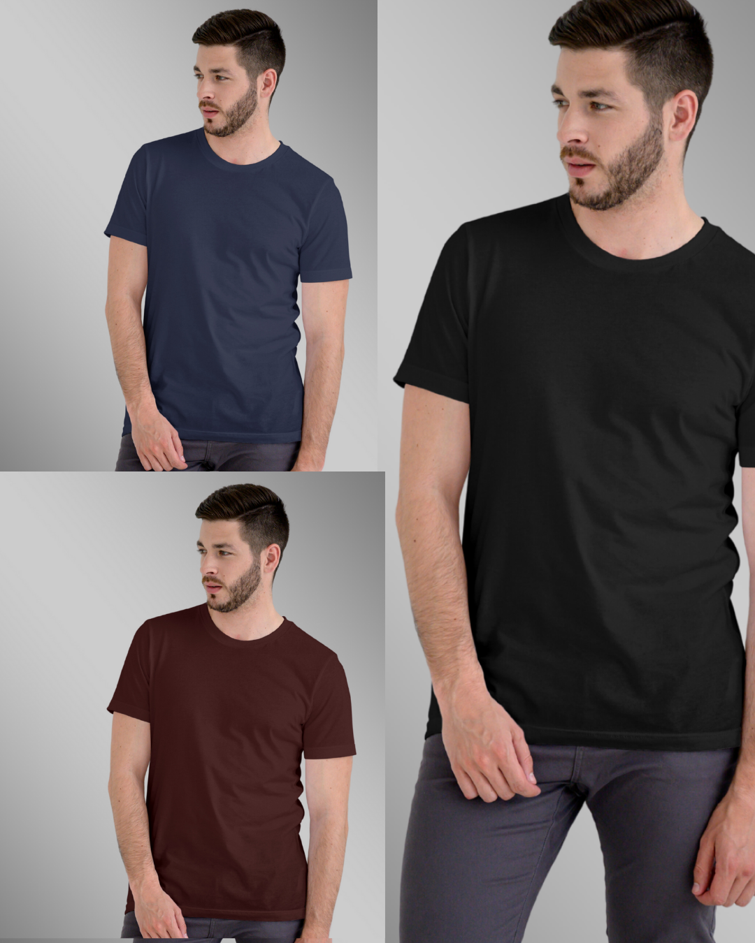 Pack of 3 Plain Tees - Black | Navy blue | Burgundy