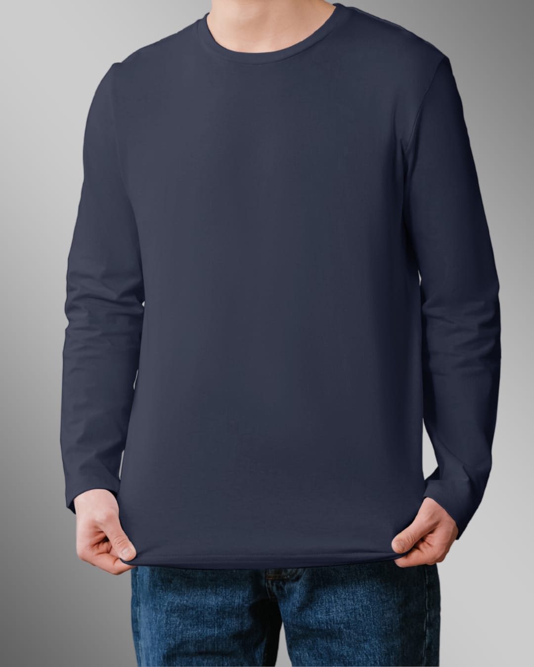 Navy Blue-Plain Full Sleeve T Shirt For Men