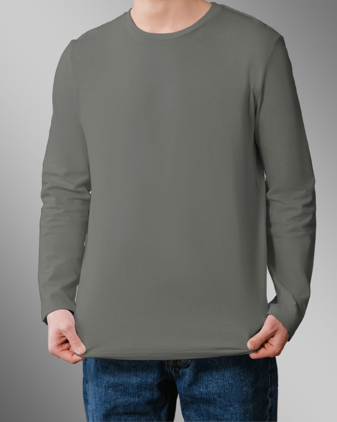 Steel Grey Plain-Full Sleeve T Shirt For Men