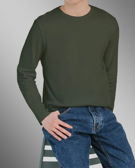 Olive Green- Plain  Full Sleeve T Shirt For Men