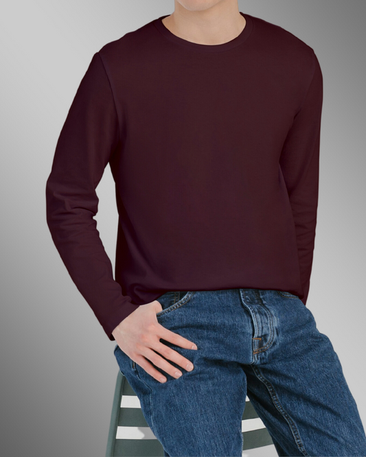 Burgundy Plain-Full Sleeve T Shirt For Men