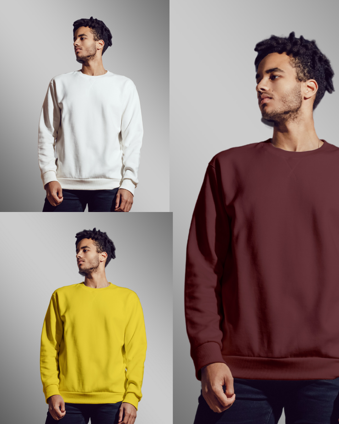 Pack of 3 Plain-Sweatshirts - |White |Yellow|Burgundy