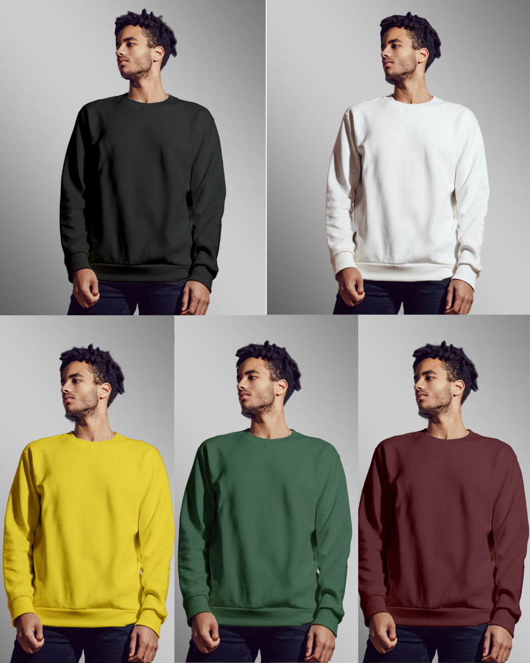 Pack of 5 Plain-Sweatshirts - Black|White|Yellow |Bottle Green |Burgundy|