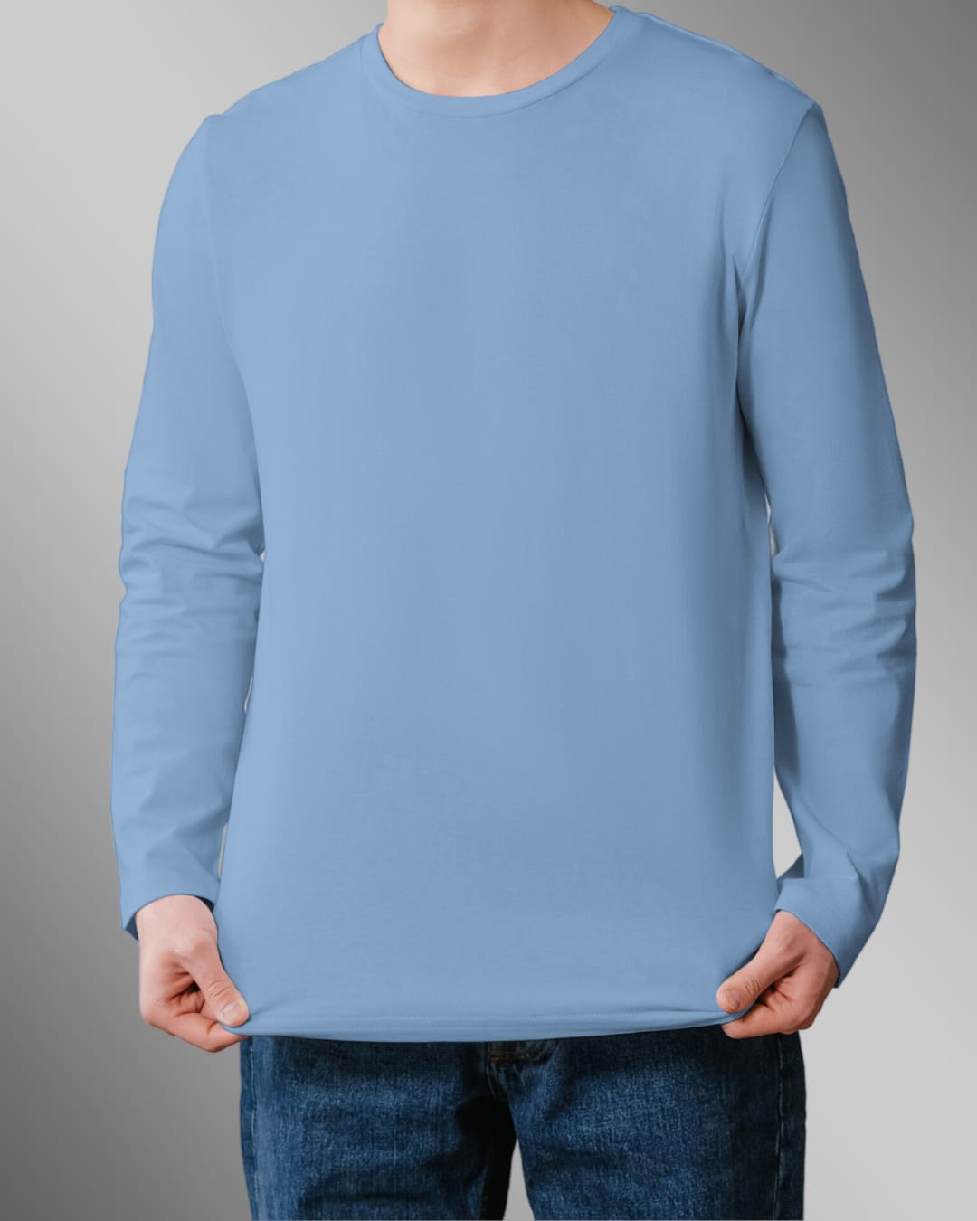 Light Blue Plain-Full Sleeve T Shirt For Men