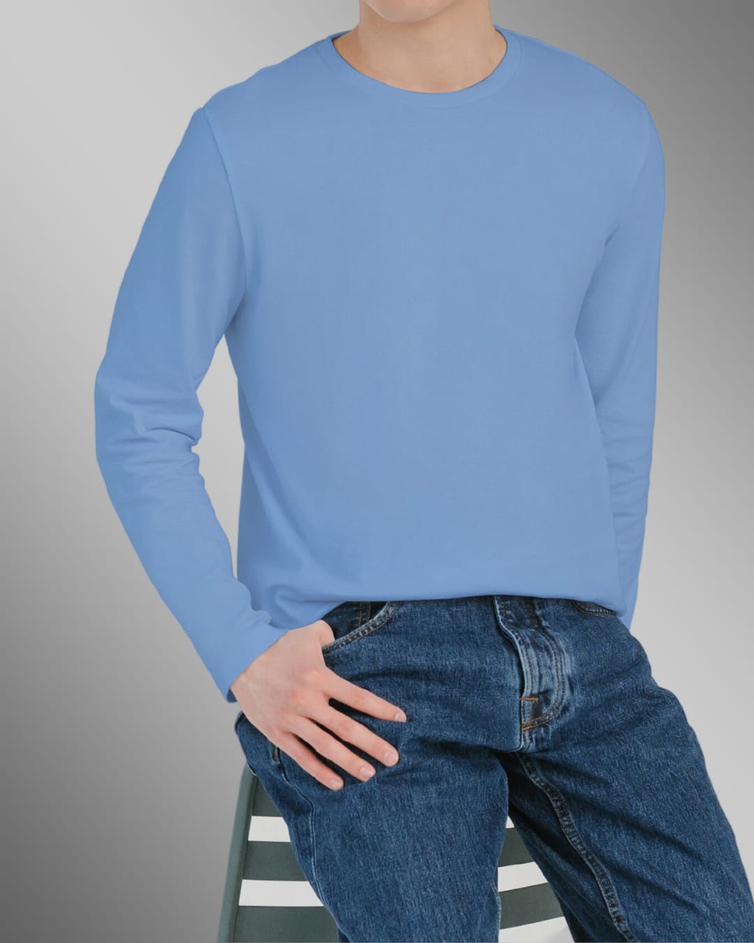 Light Blue Plain-Full Sleeve T Shirt For Men