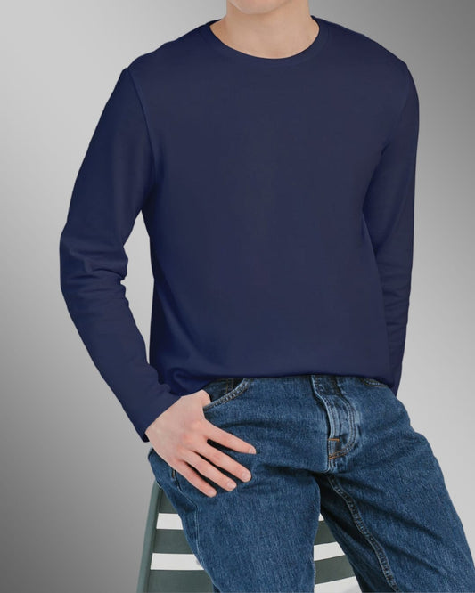 Navy Blue-Plain Full Sleeve T Shirt For Men