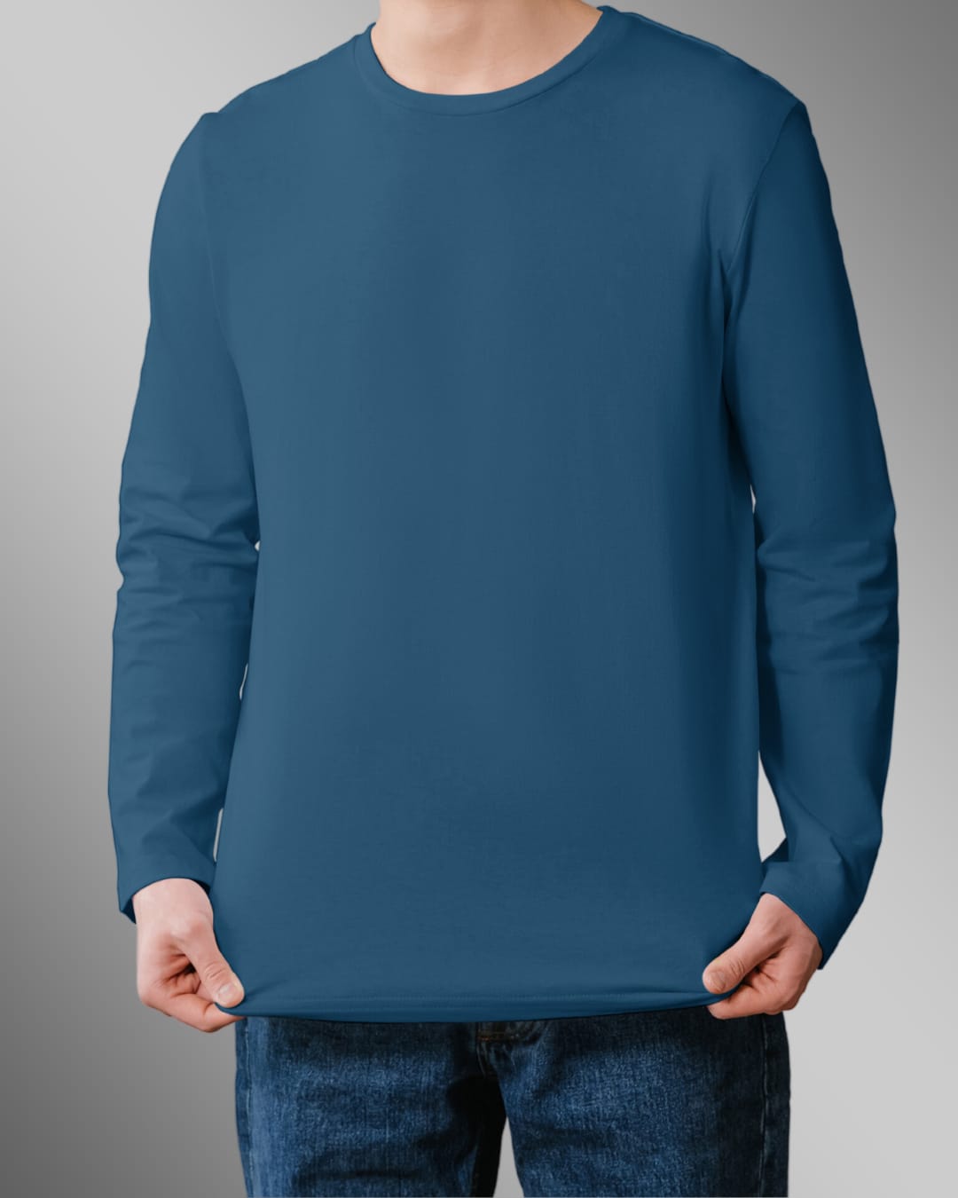 Petroleum Blue Plain-Full Sleeve T Shirt For Men