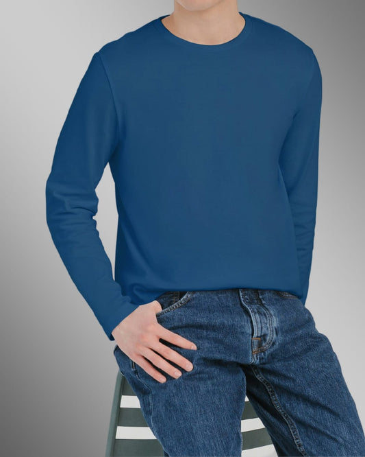 Petroleum Blue Plain-Full Sleeve T Shirt For Men