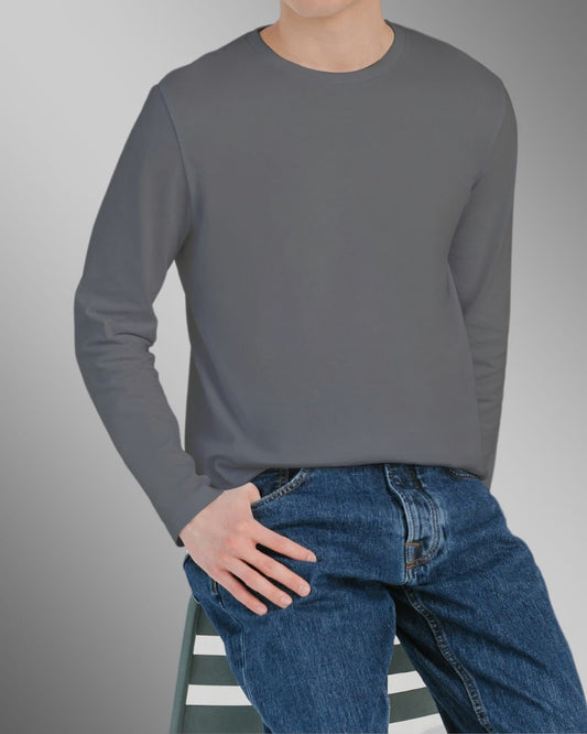 Steel Grey Plain-Full Sleeve T Shirt For Men