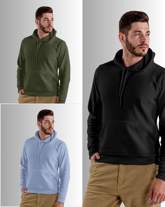 Pack of 3 Plain Hoodies - Black |Olive Green| Light Blue